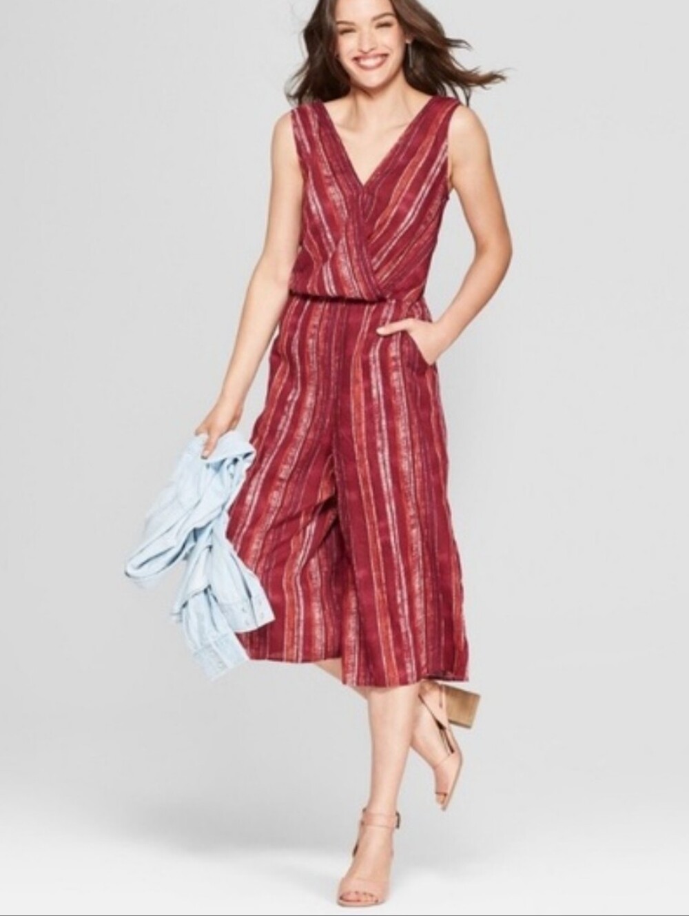 Universal Thread Red Striped Sleeveless V-Neck Wide-Leg Jumpsuit Size Medium